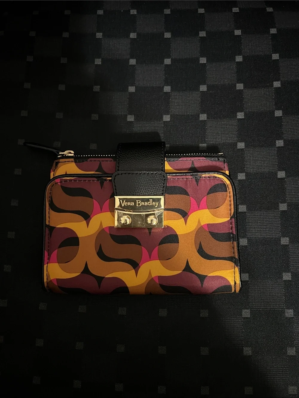 Vera Bradley Retro Wave Compact Zip Wallet - Black, Mustard & Pink
